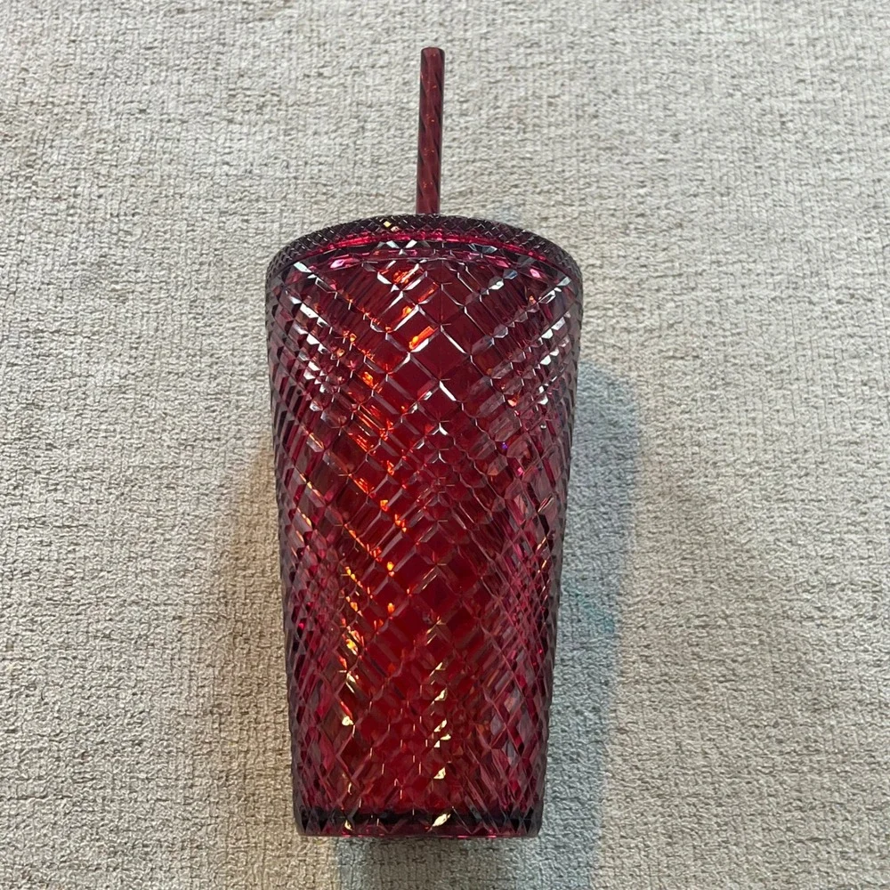 Starbucks Red Ruby Jewel Textured Cold Cup Tumbler 24oz Venti Grid Lid Straw